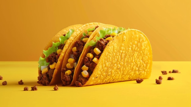 two tacos are stacked on a yellow surface