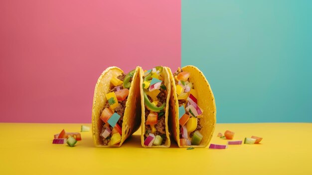 Photo two tacos are on a table and one is yellow and blue