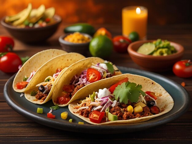 two tacos are on a table with a colorful tablecloth