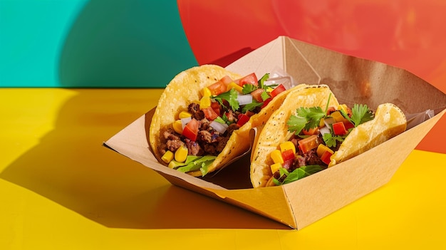 two tacos are on a tray with a red balloon in the background