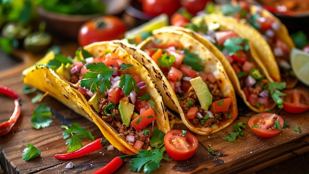 two tacos are on a wooden board with tomatoes and peppers