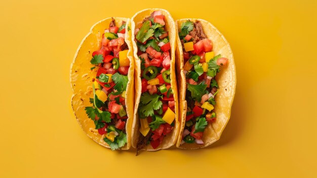 two tacos are on a yellow table one of which has a yellow background