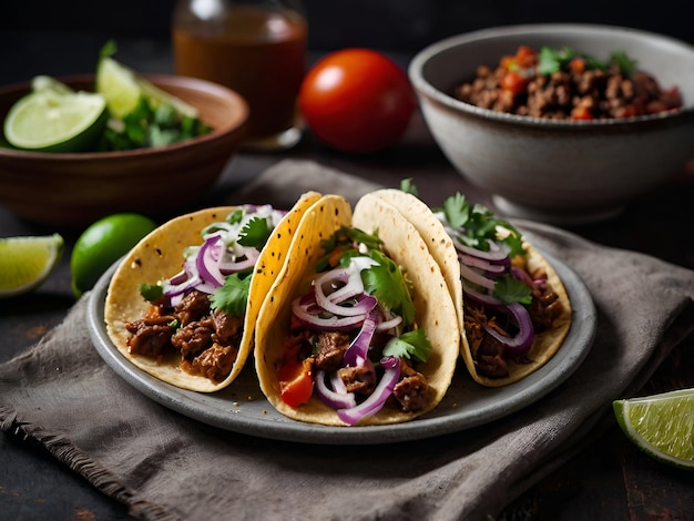 Two tacos on a plate with a variety of vegetables