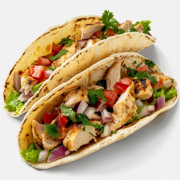 two tacos with chicken and vegetables on them one of which is taco