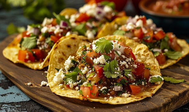 two tacos on a wooden table with a variety of ingredients