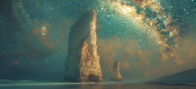 Two tall rock formations on a sandy beach under a starry night sky