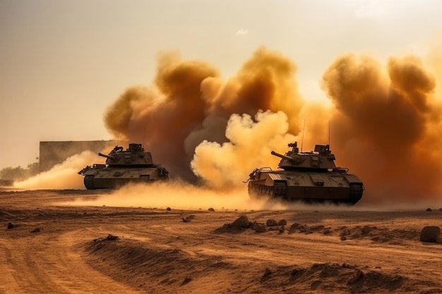 Two tanks are seen in a desert with dust in the air.