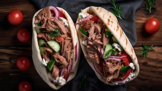 two tasty wrapped greek lamb gyros Top down view