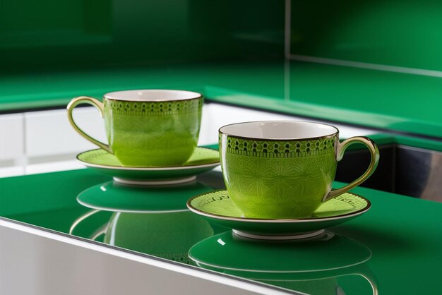 two tea cups are on a green tray with a design on the front