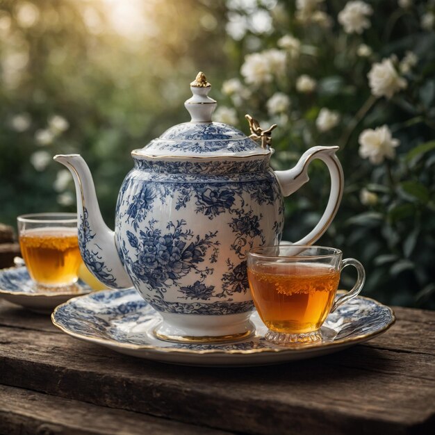 two tea cups with tea in front of a teapot