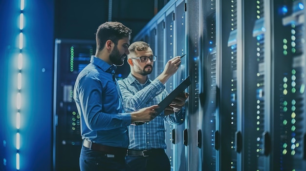 Two Technicians Inspecting Server Racks