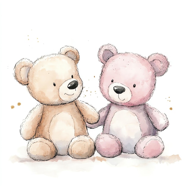 two teddy bears setting pink illustration