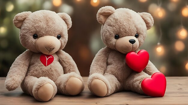 Two teddy bears sit on a table with a red heart on the left.