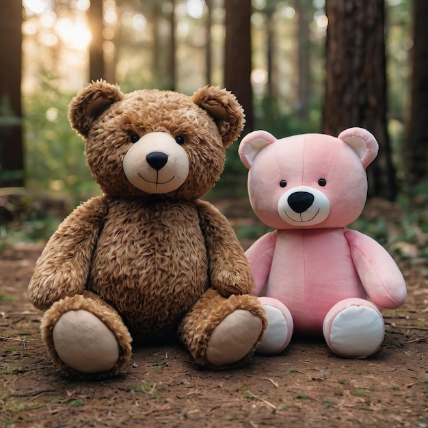 two teddy bears sit in the woods one of which is pink AI Generated