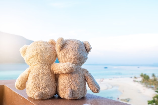 Two teddy bears sitting sea view. Love and relationship concept. Beautiful sandy beach