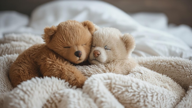 Two teddy bears snuggling in a soft blanket