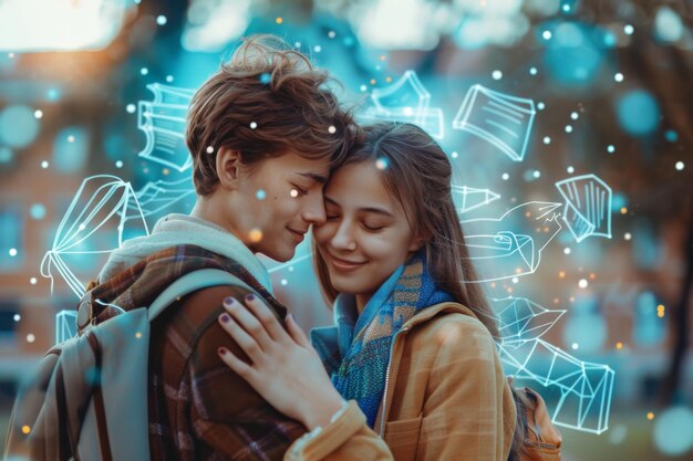 Photo two teenagers embracing in an autumn setting with glowing abstract graphics