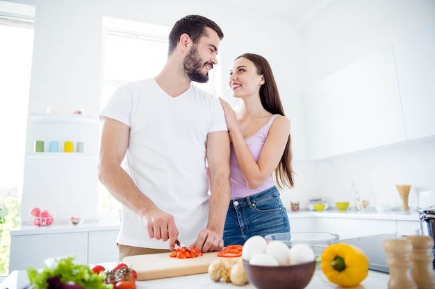 two tender gentle people married man prepare healthy nutrition dinner