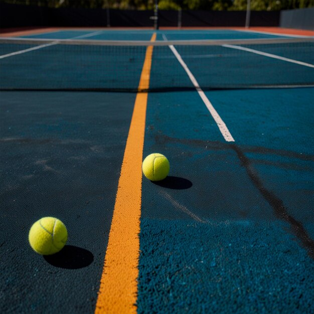 two tennis balls are on a blue track with a yellow line