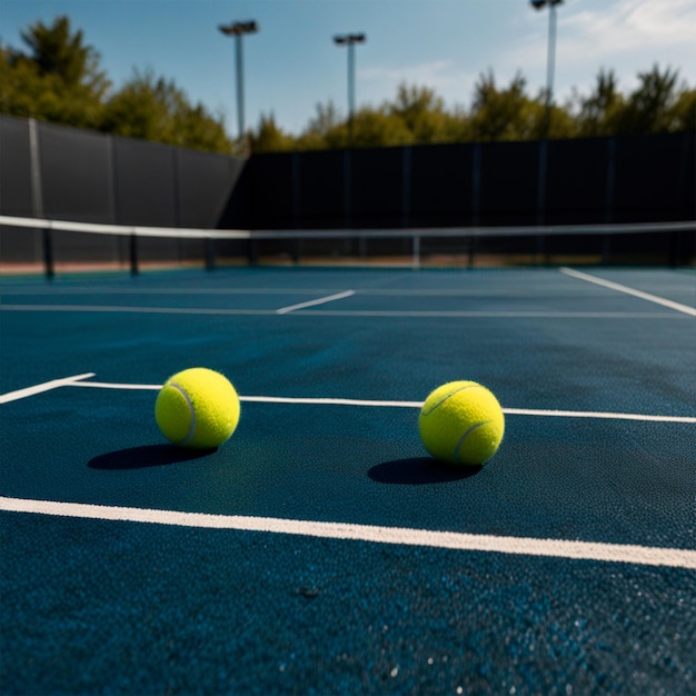 two tennis balls on a court with a blue background with a black fence in the background