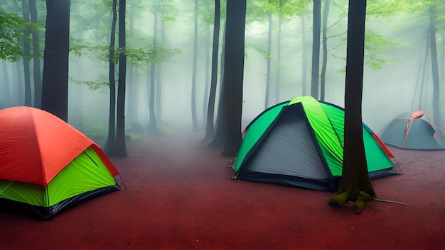 Two tents in a forest with a foggy background