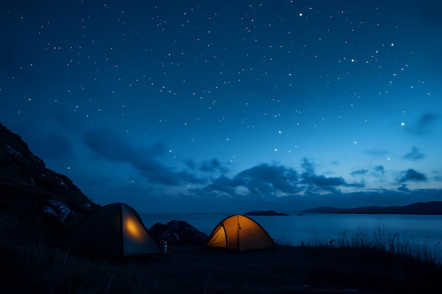 Photo two tents glowing on a hilltop overlooking a lake with a starry sky above