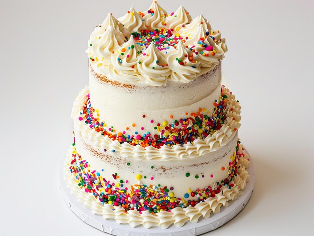 two tiered cake with buttercream frosting and colorful sprinkles AI Generative