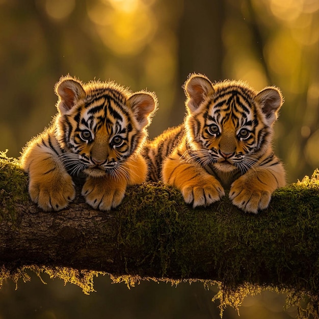 two tigers are lying on a branch one of which is yellow and has a brown background