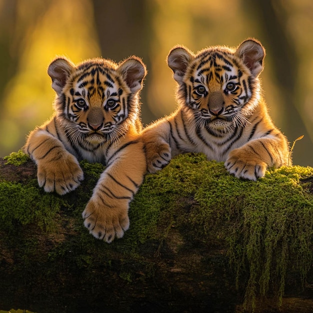 two tigers are lying on a log one of which is a tiger cub