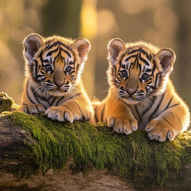 two tigers are sitting on a log one of which is a tiger cub