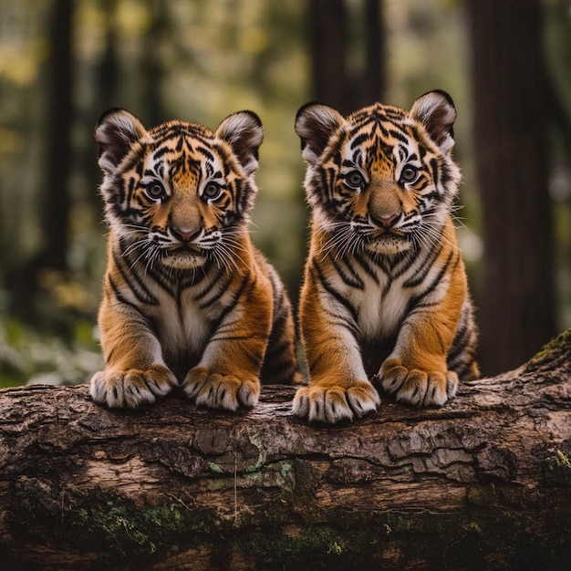 two tigers are sitting on a log one of which is a tiger cub