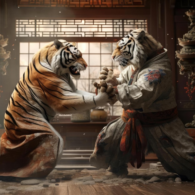 Two tigers fighting on the tatami mat