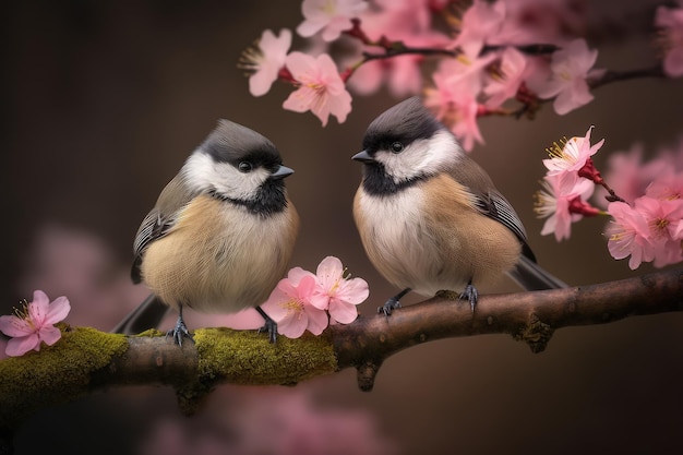 Two titmouse male and female sit on a branch in love generative ai