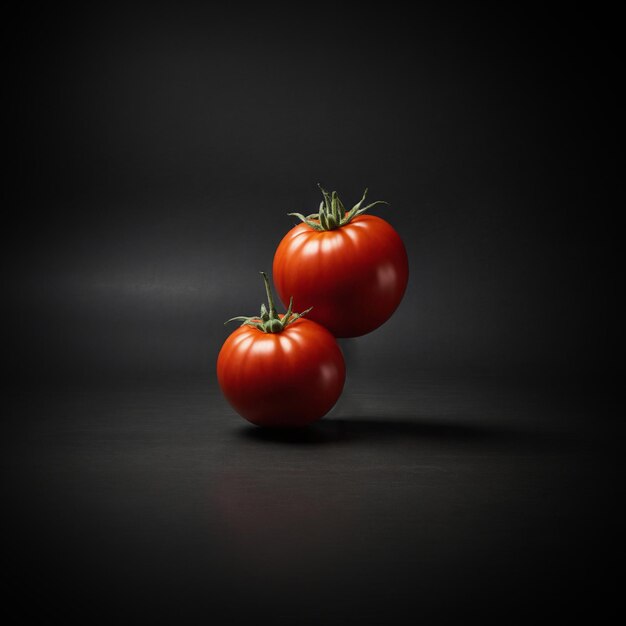 Two tomatoes standing in the center of a black concrete background