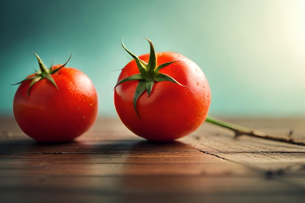 Two tomatoes on a wooden table with a green background