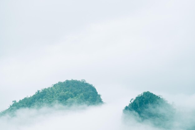 Two top of mountains in the fog and cloudy sky look like the heaven