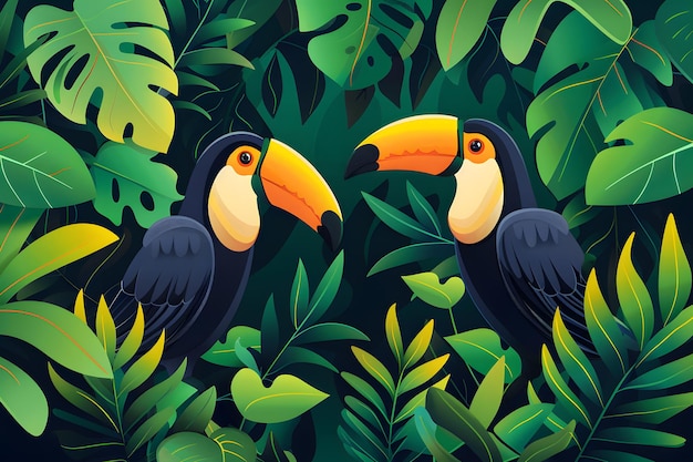 Photo two toucans hidden in lush tropical foliage