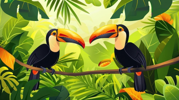 Photo two toucans perched on a branch in a lush tropical rainforest