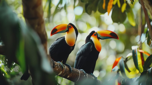 Two toucans perched on a branch in a rainforest