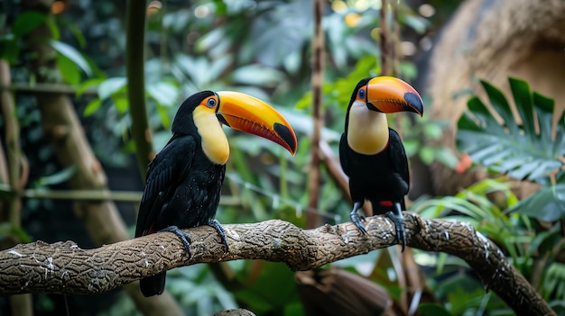 Two toucans perched on a branch