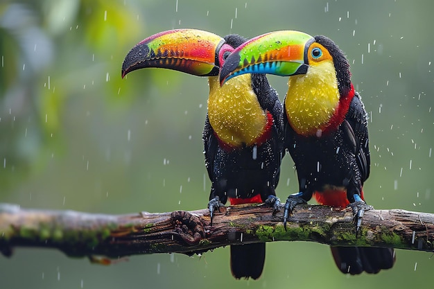 Two toucans perched on tree branch in rainforest colorful wildlife scene