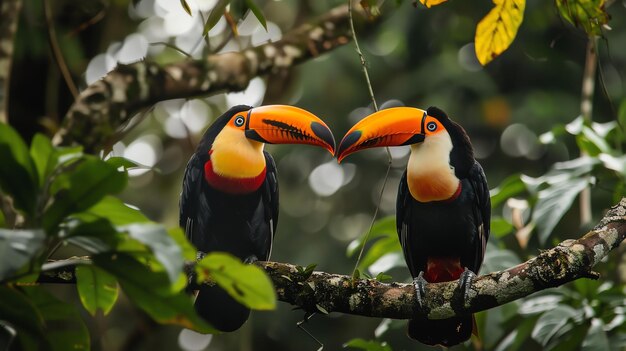 Two toucans with large colorful beaks are facing each other on a branch