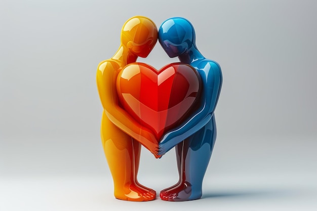 Two toy figures embracing a heart symbolizing love and connection in a modern playful design