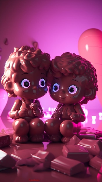 Two toy figurines sit on a counter with purple lights in the background.