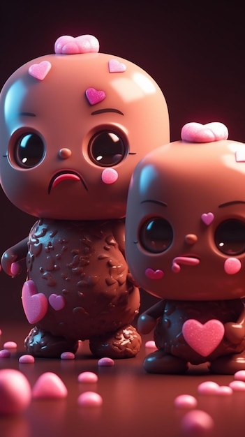 Two toy figurines with pink hearts on their faces are in a dark room.