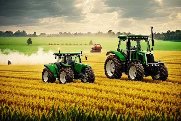 Two tractors in yellow field gathering harvest with stormy clouds above