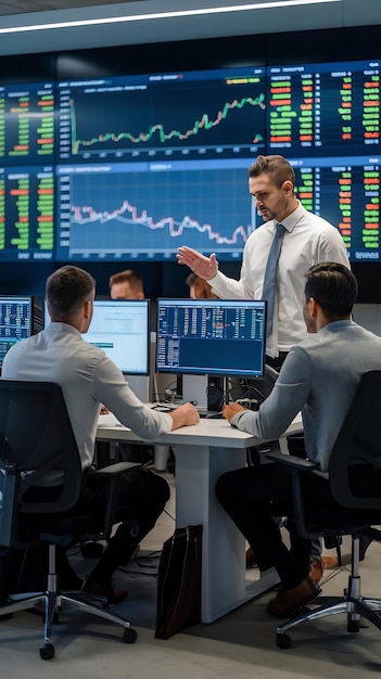 Two Traders Having a Meeting in a Modern Monitoring Office with Analytics Feed on a Big Digital Scr