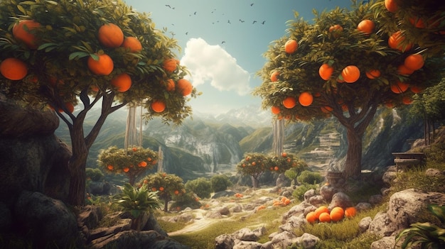 Two trees with oranges on them are in the middle of a roadgenerative ai