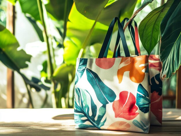 Photo two tropicalpatterned tote bags against green foliage