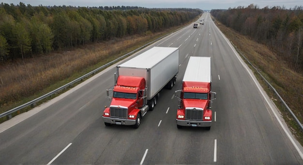 Photo two trucks are driving down the highway one of which says quot red quot